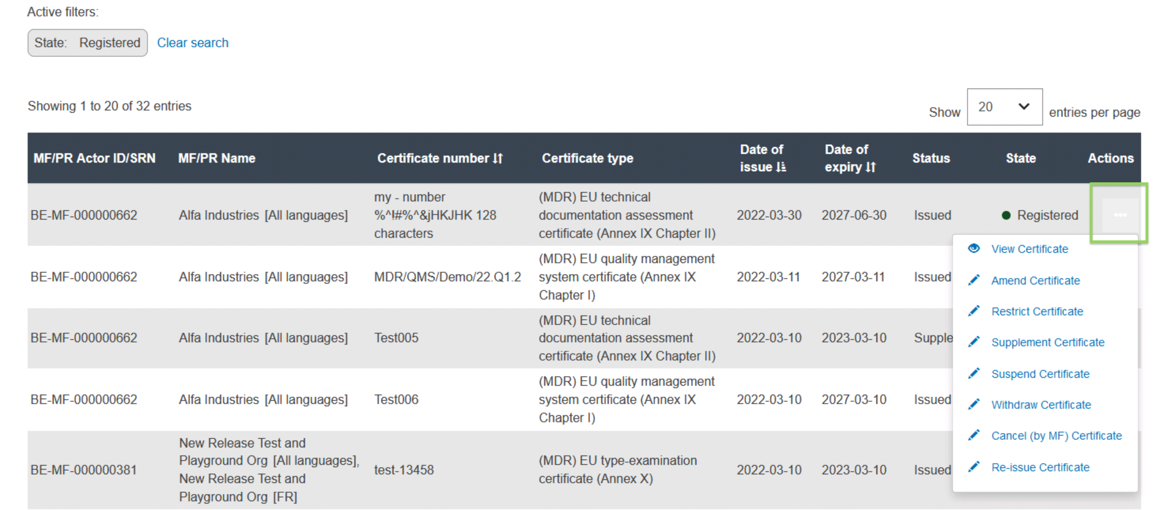 EUDAMED list with all certificates given the selected search criteria