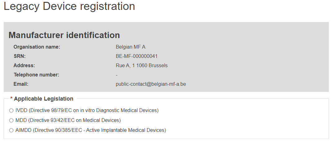 EUDAMED applicable legislation in the legacy device registration page