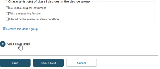 EUDAMED remove this device group and add a device group links and save, save and next and cancel buttons