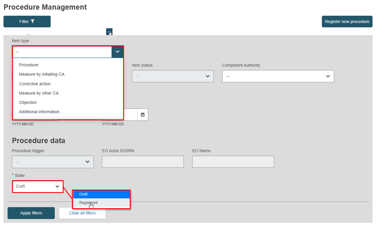 EUDAMED item type and state fields in the procedure management page