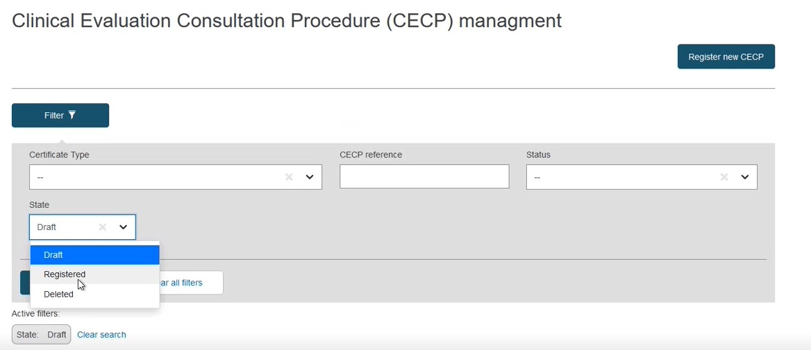 EUDAMED register ne cecp and filter buttons and fields in the clinical evaluation consultation procedure (cecp) management page