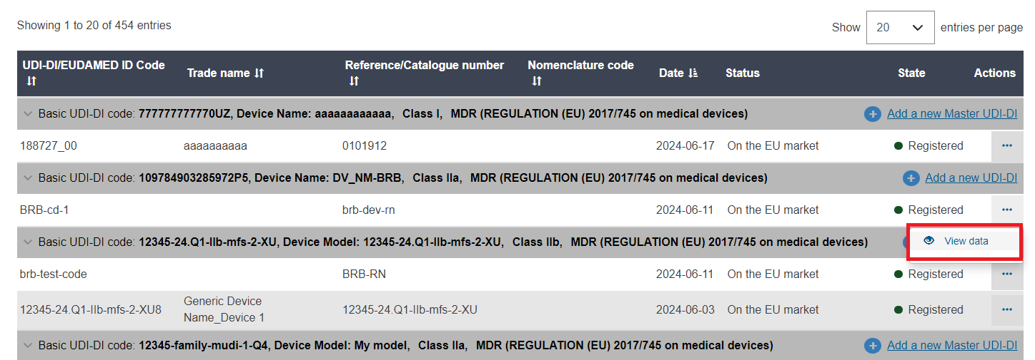 EUDAMED list of devices and view data link in the details management page