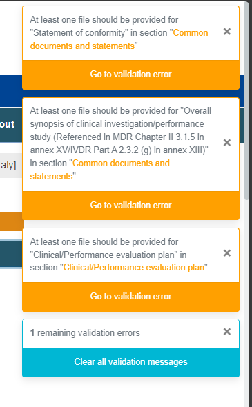 EUDAMED first three error messages appear