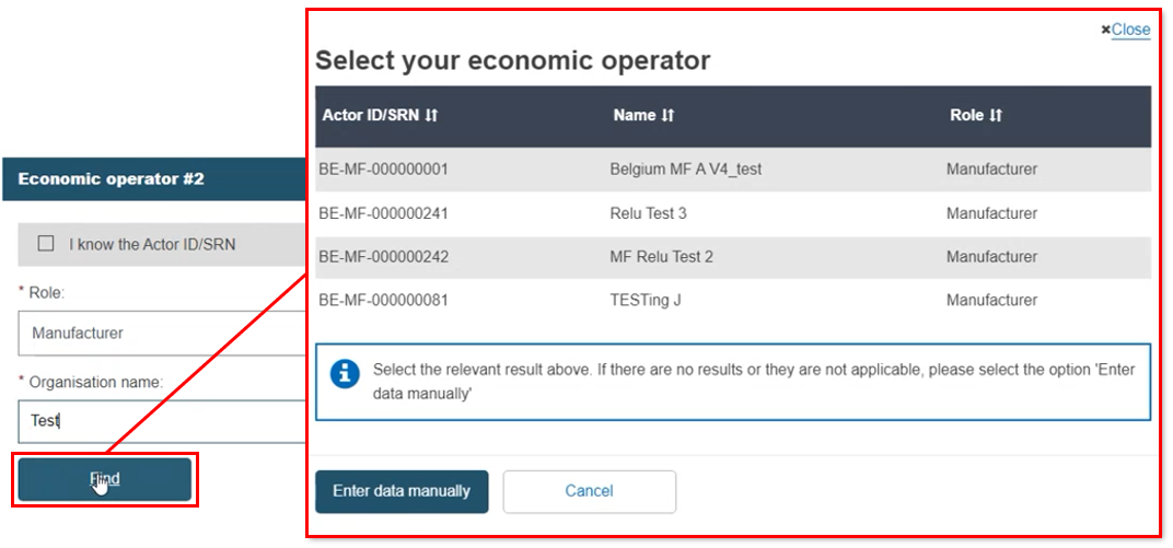 EUDAMED organisation name field and find button with popup window with list of all economic operators