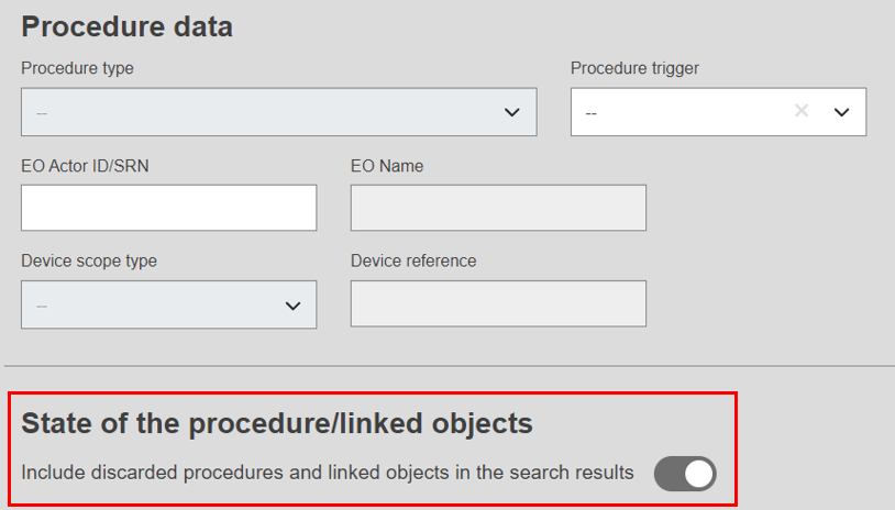 EUDAMED state of the procedure/linked objects toggle button