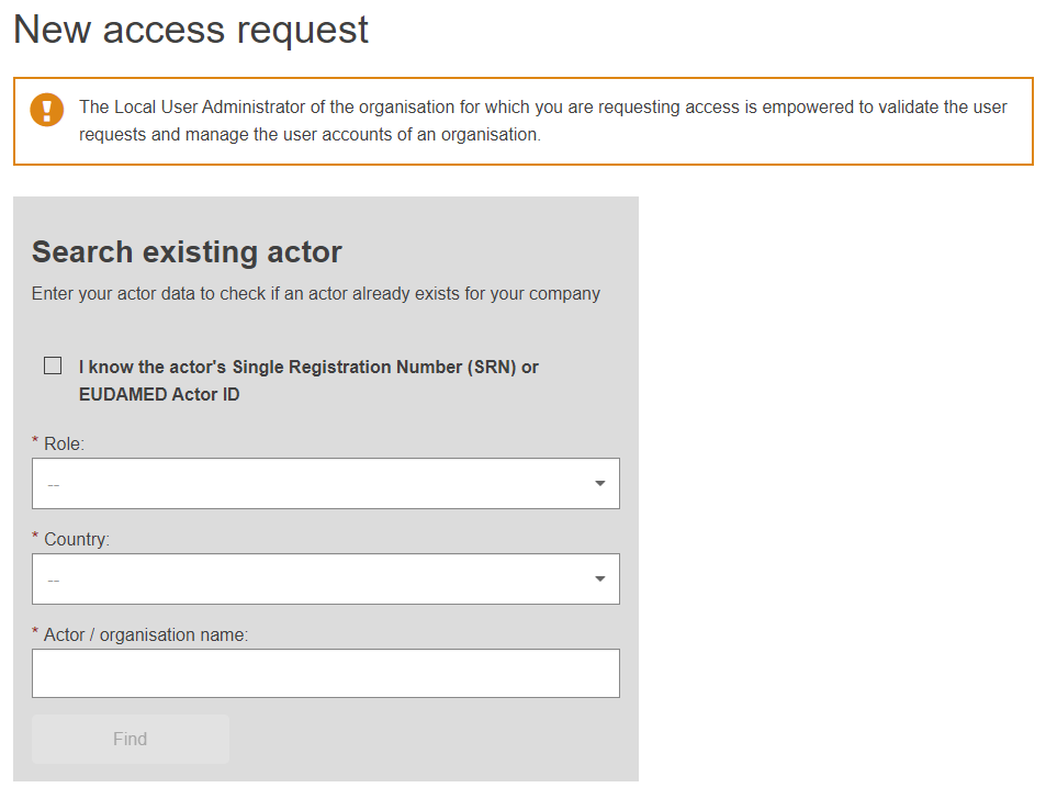 EUDAMED search existing actor fields in the new access request page