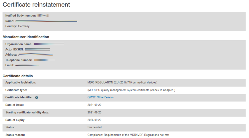 EUDAMED certificate reinstatement page