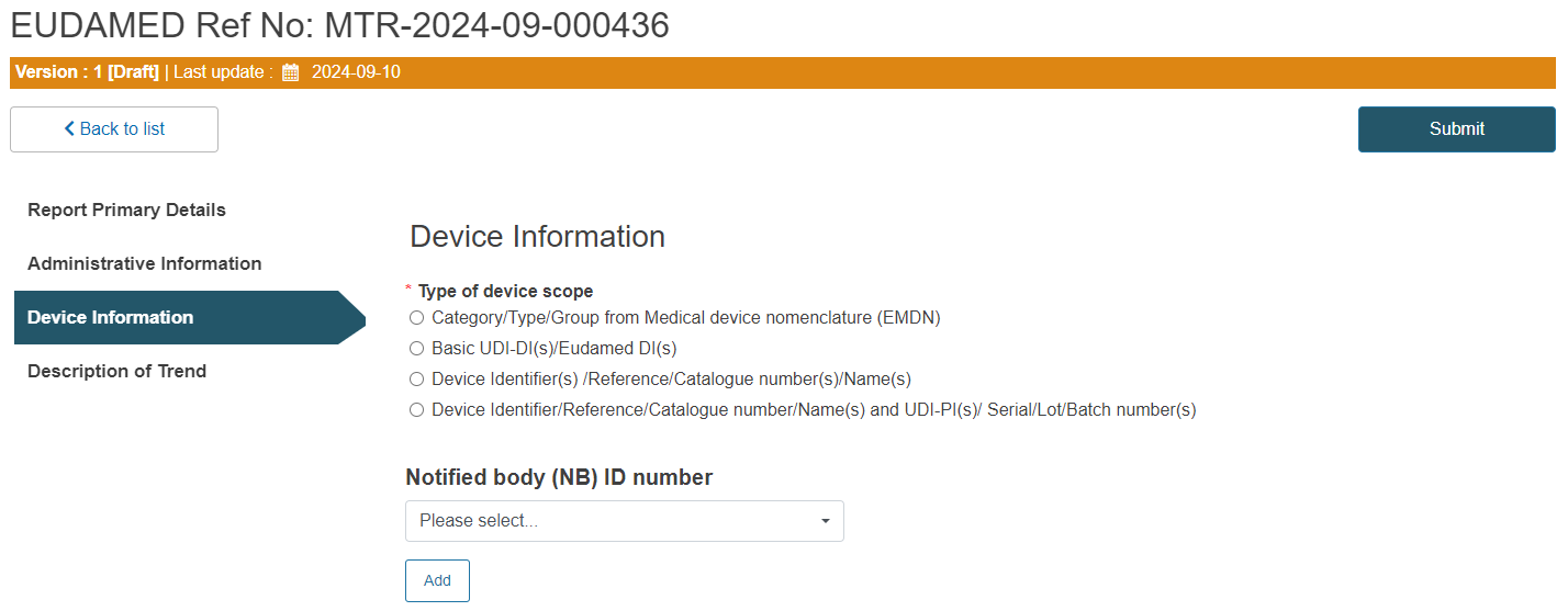 EUDAMED MTR Device info tab