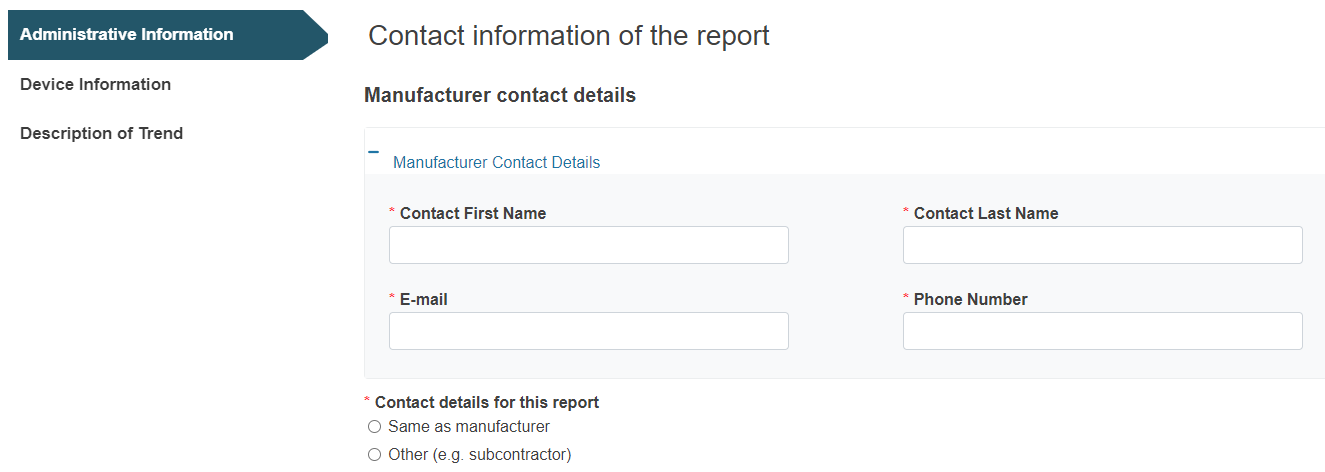 EUDAMED MTR Admin info: MF/AR contact details