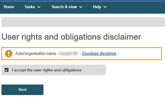 EUDAMED user rights and obligations disclaimer and next button