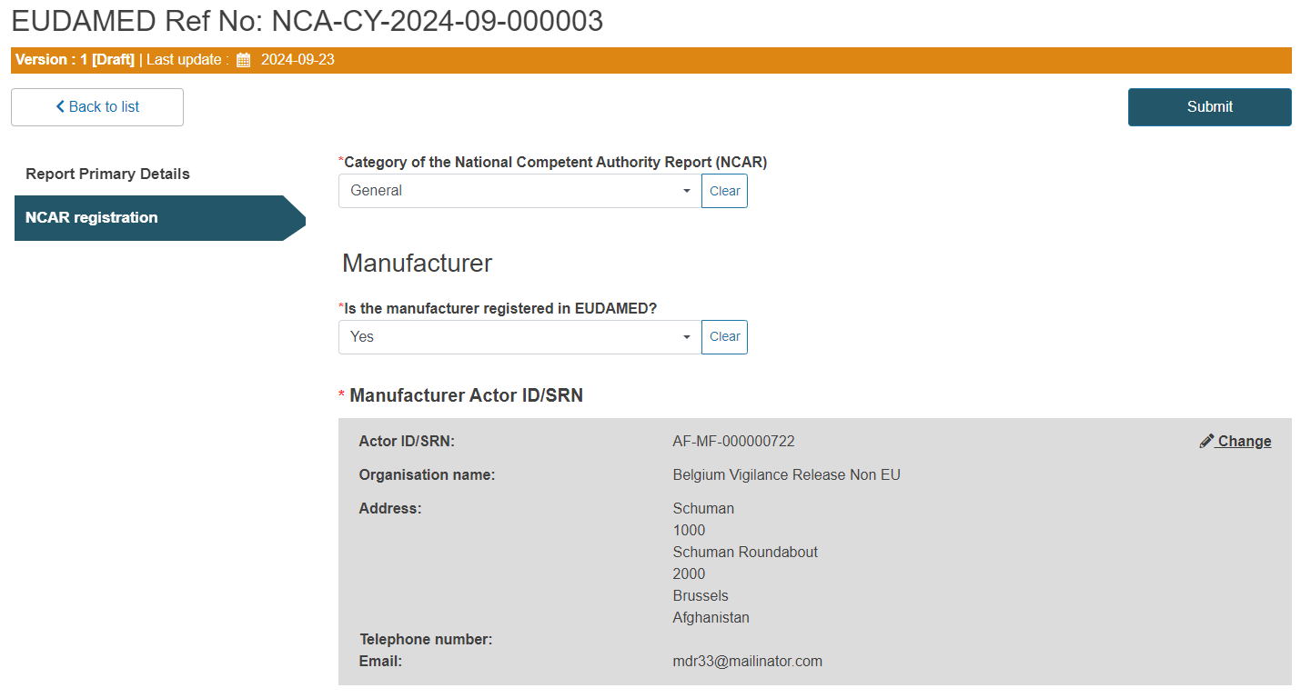 EUDAMED drop-down list for Actor ID/SRN selection