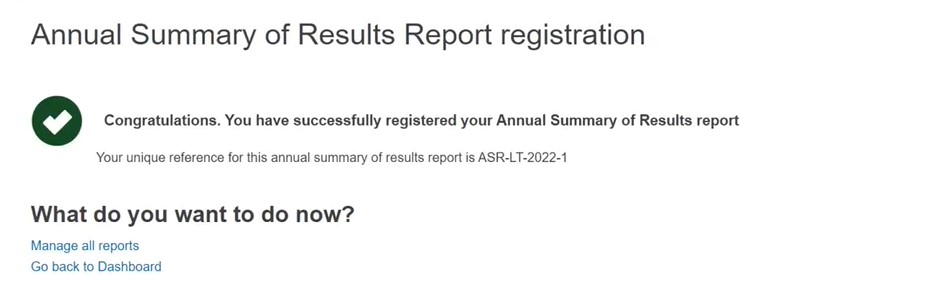EUDAMED confirmation message after submitting an annual summary of results report registration