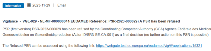 EUDAMED Refusal notification example