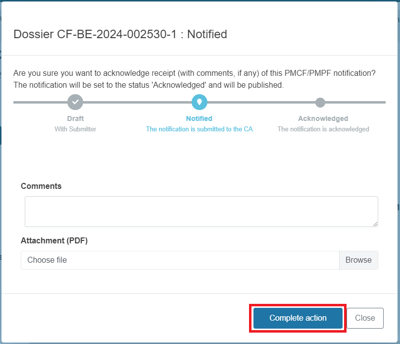 EUDAMED pop-up window with fields to complete and complete action and close buttons