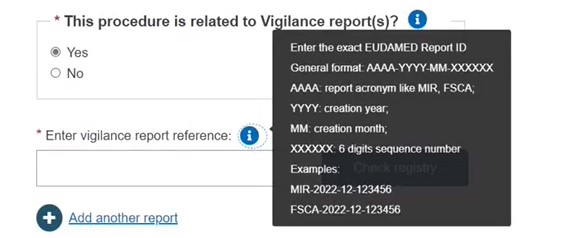 EUDAMED this procedure is related to vigilance reports and enter vigilance report reference fields
