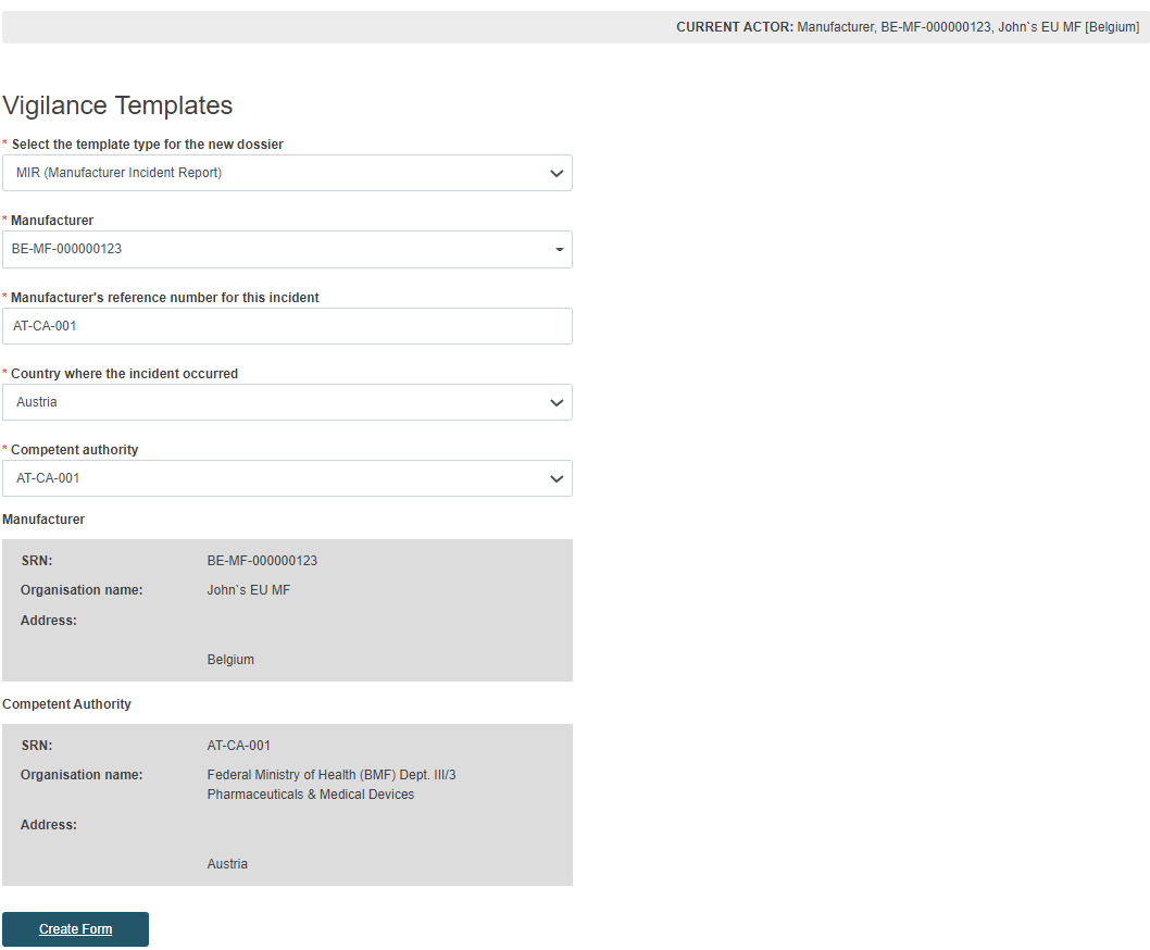 EUDAMED Vigilance template filled and Create Form button