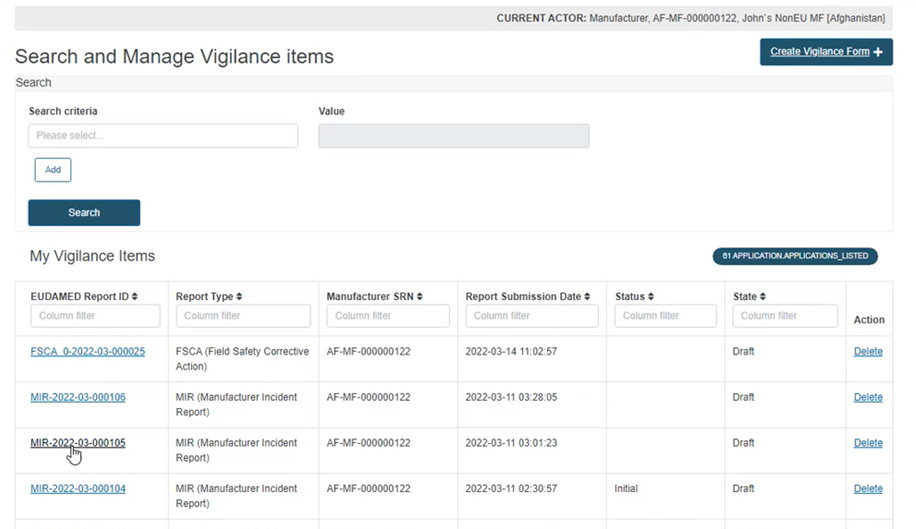 EUDAMED selecting a report under My Vigilance items list