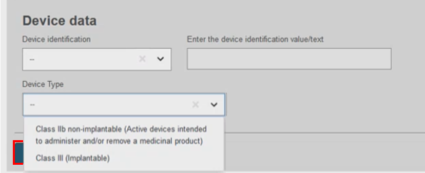 EUDAMED device identification, enter the device identification value/text and device type fields