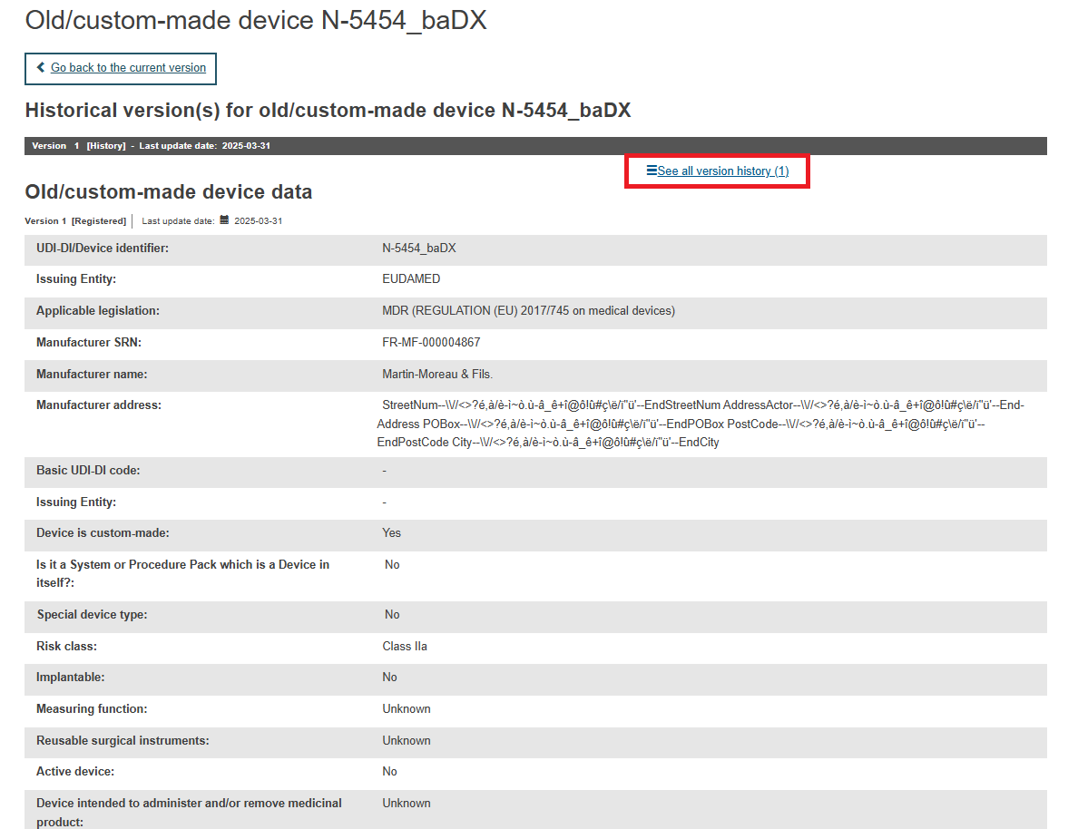 EUDAMED old/custom-made device data page for a historical version of an old/custom-made device