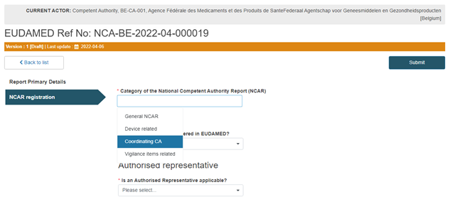 EUDAMED NCAR category drop-down list with Coordinating CA NCAR selected