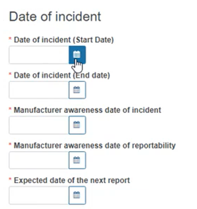 EUDAMED MIR Admin info section with incident dates fields