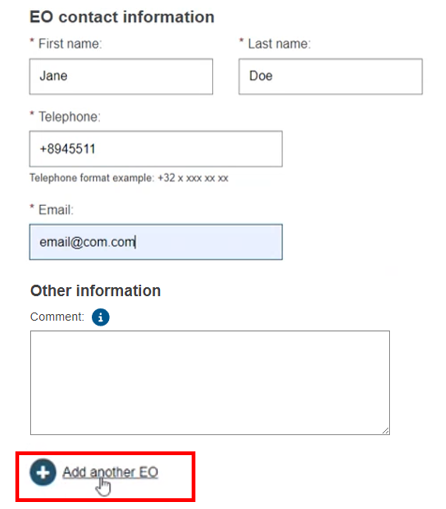 EUDAMED fields in the eo contact information section and add another eo link