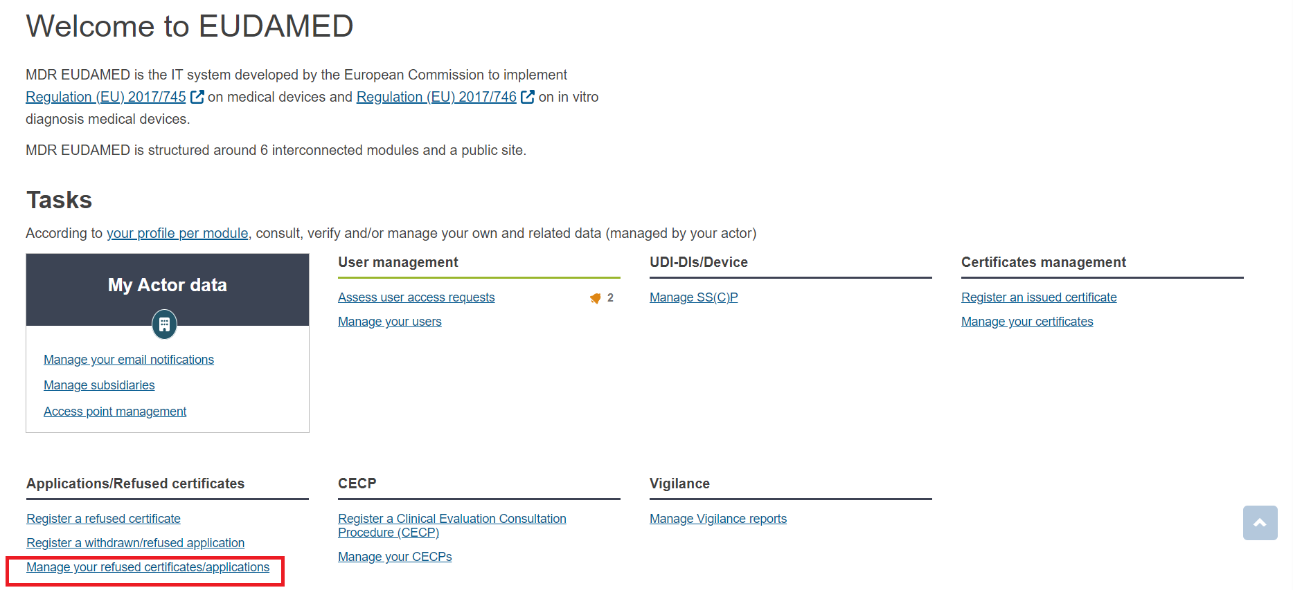 EUDAMED manage your refused certificates/applications link on the dashboard