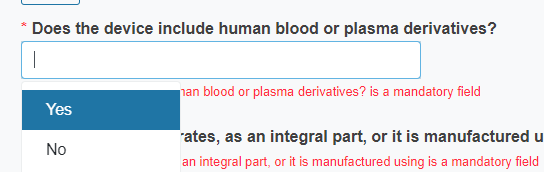 EUDAMED does the device include human blood or plasma derivatives? field