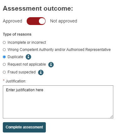 EUDAMED approve not approved toggle button, type of reasons and justification fields and complete assessment button for actor registration request