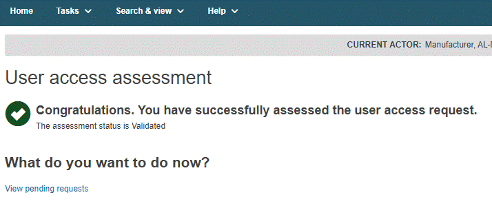 EUDAMED confirmation message when the user access request was successfully assessed