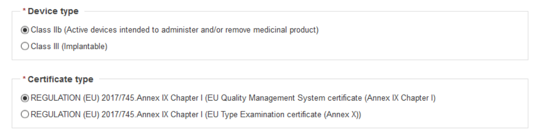 EUDAMED device type and certificate type fields