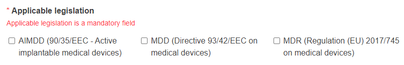EUDAMED MTR Device info: Legislation applicable