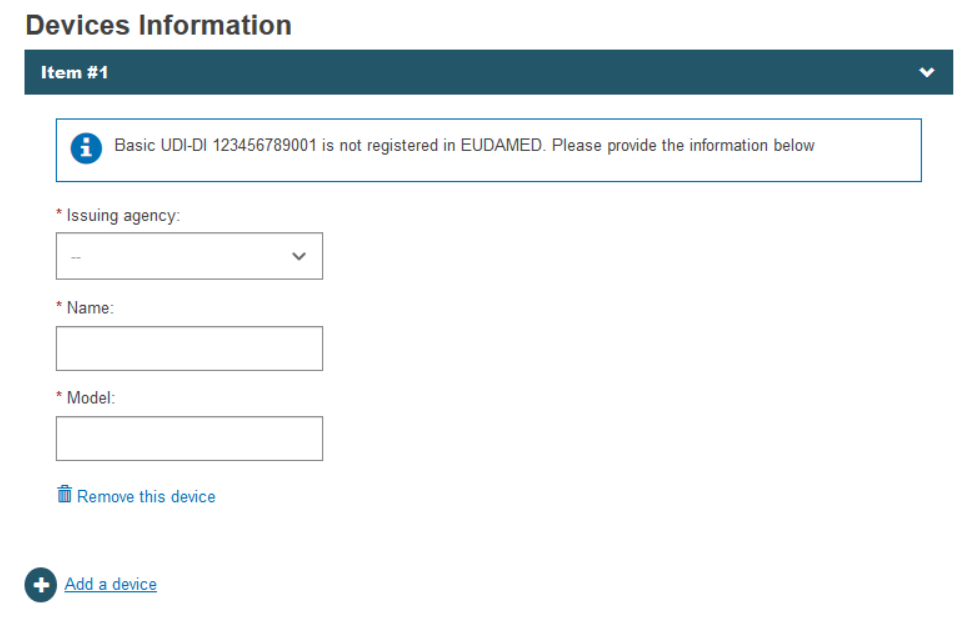 EUDAMED issuing agency, name and model fields and remove this device and add a device links