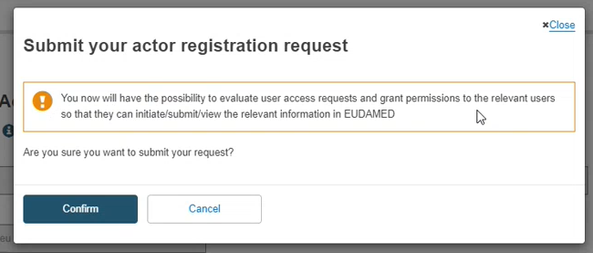 EUDAMED Sponsor registration confirmation message
