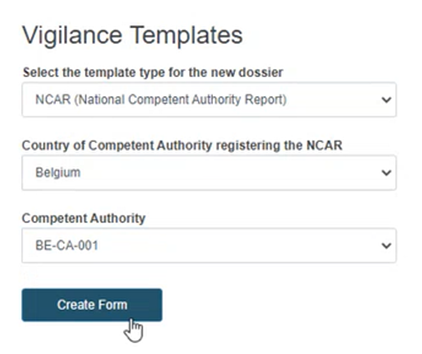 EUDAMED Drop-down list for selection of Country of Competent Authority and Create Form button