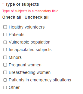 EUDAMED type of subjects field with check all and uncheck all options