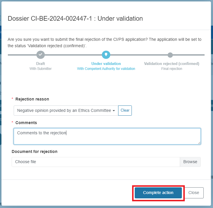 EUDAMED pop-up window with fields to complete and complete action and close buttons