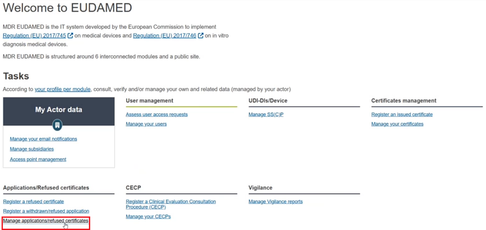 EUDAMED manage your certificate link on the dashboard