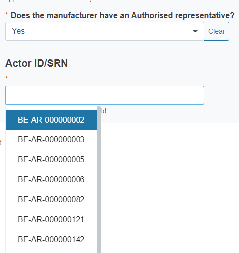 EUDAMED does the manufacturer have an authorised representative? and actor id/srn fields