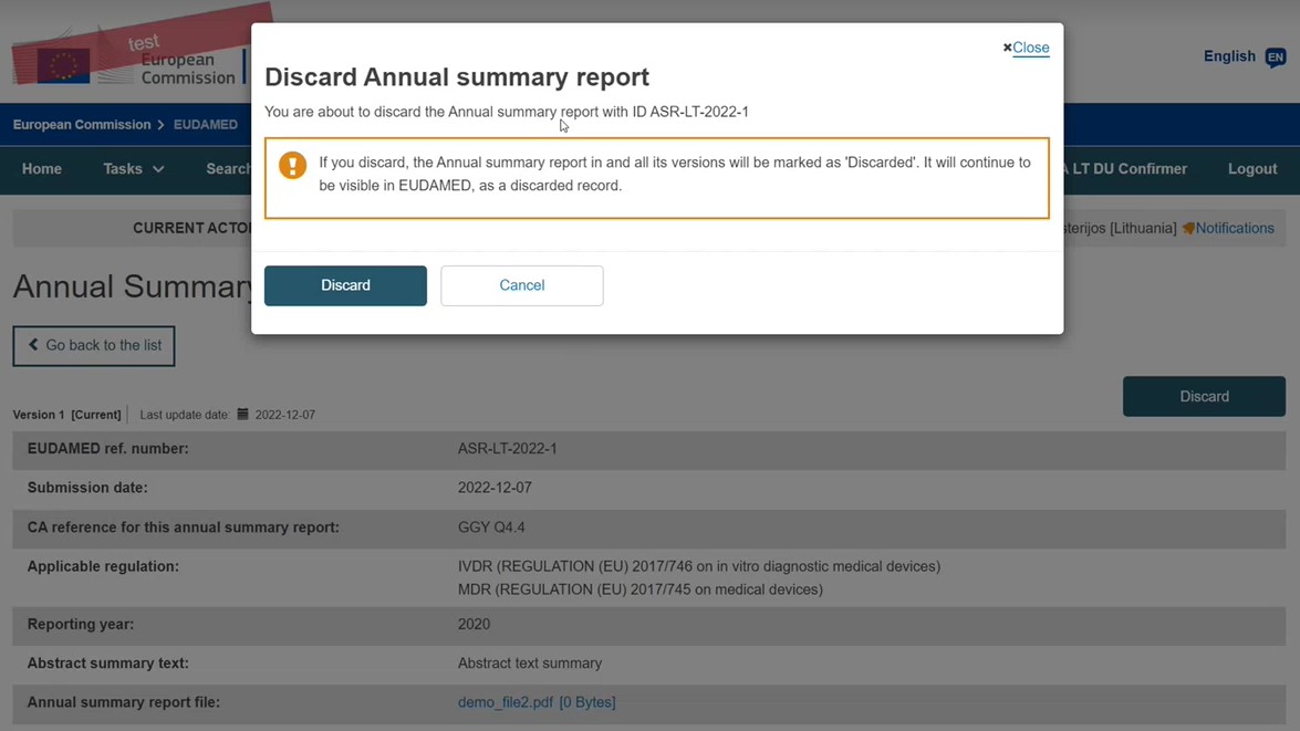 EUDAMED popup window to confirm discarding the annual summary of results report with discard and cancel buttons