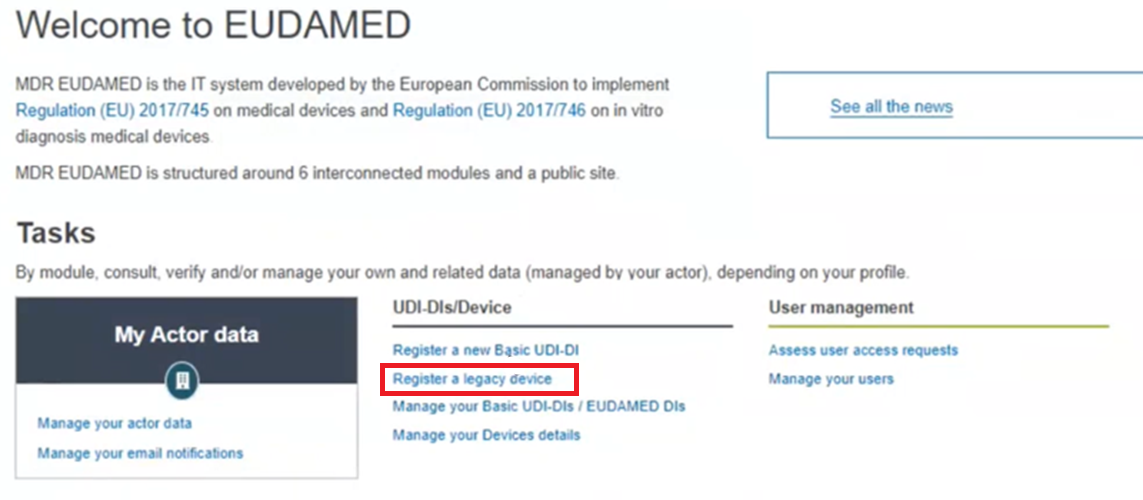 EUDAMED register a legacy device link in the dashboard