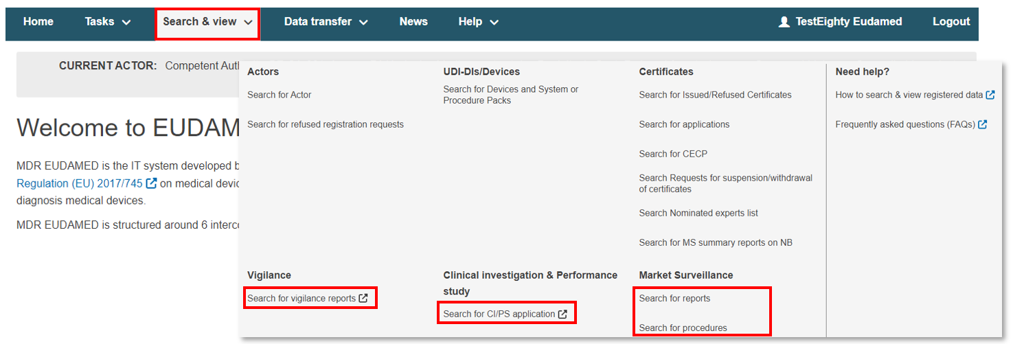 EUDAMED search for reports and search for procedures link under the search and view header menu