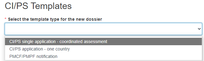 EUDAMED select the template type for the new dossier field in the ci/ps templates page