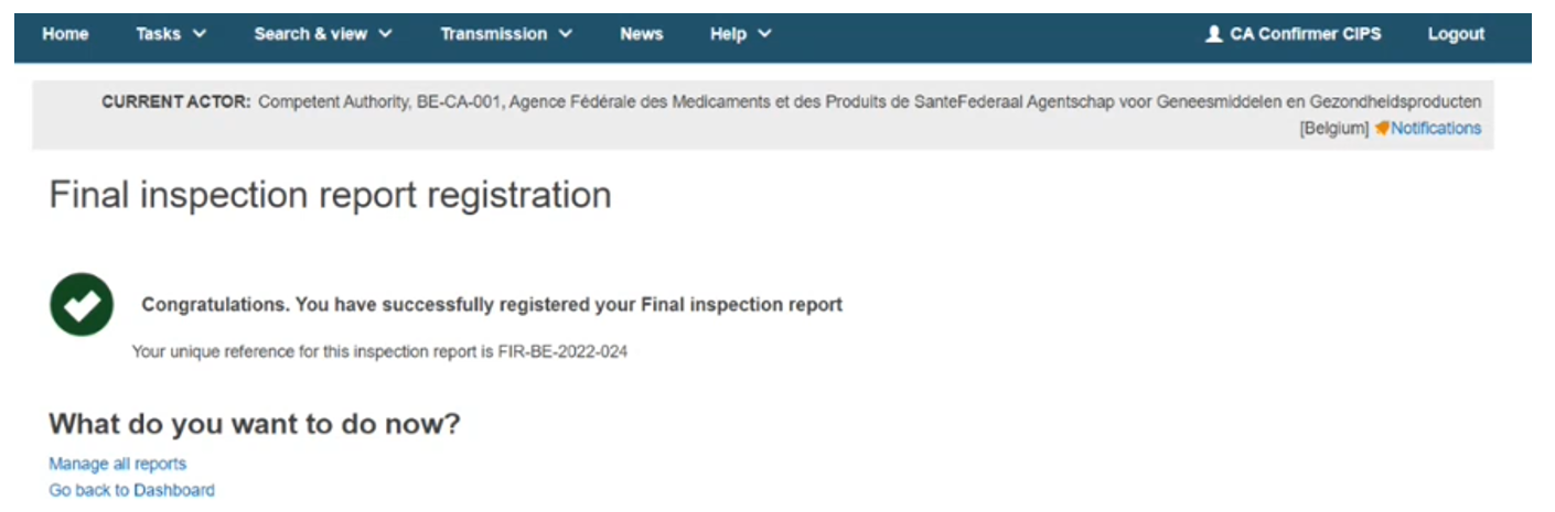 EUDAMED confirmation message when submitting a final inspection report registration