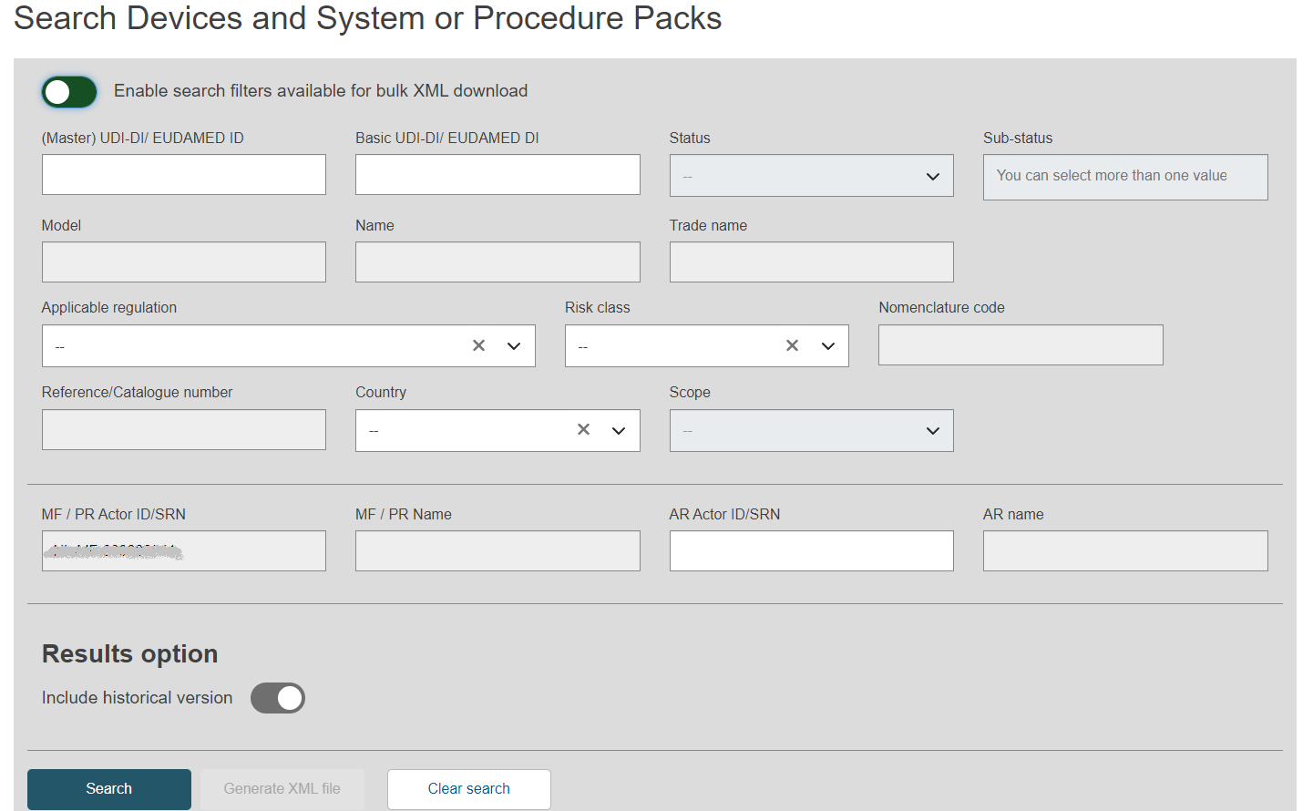 EUDAMED search criteria when downloading devices or systems or procedure packs in a structured format