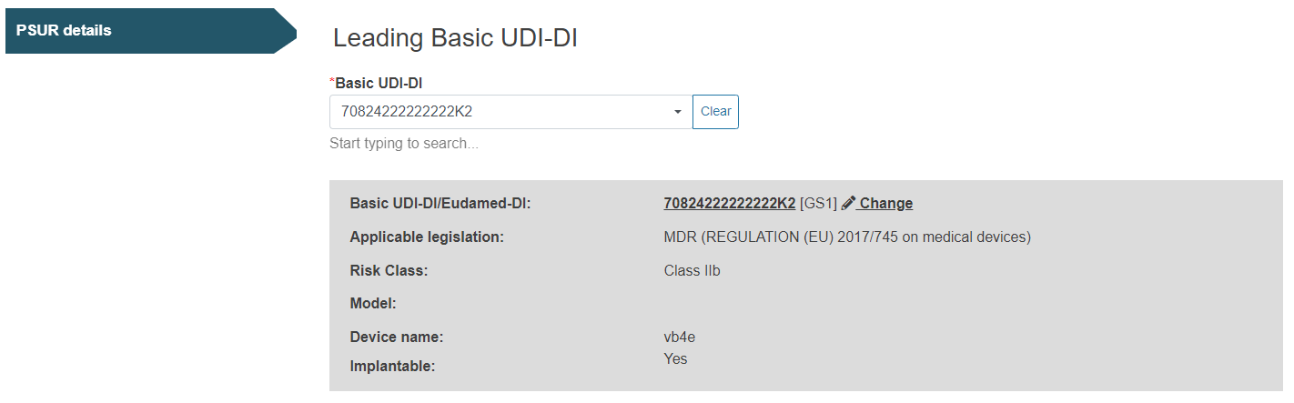 EUDAMED PSUR Device info section UDI-Di