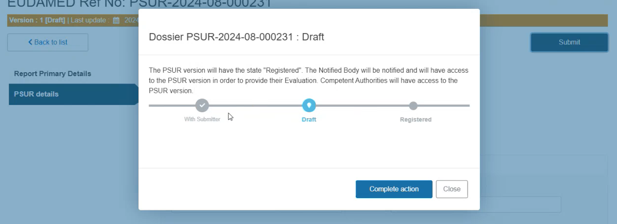 EUDAMED Submit PSUR pop-up confirmation