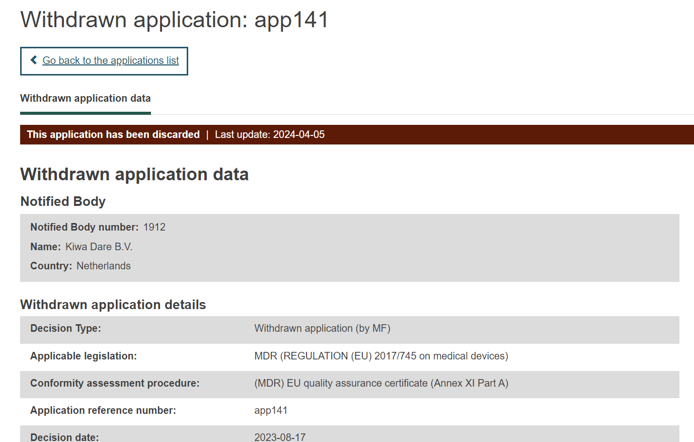EUDAMED this application has been discarded message in red banner at the top of the withdrawn application data page