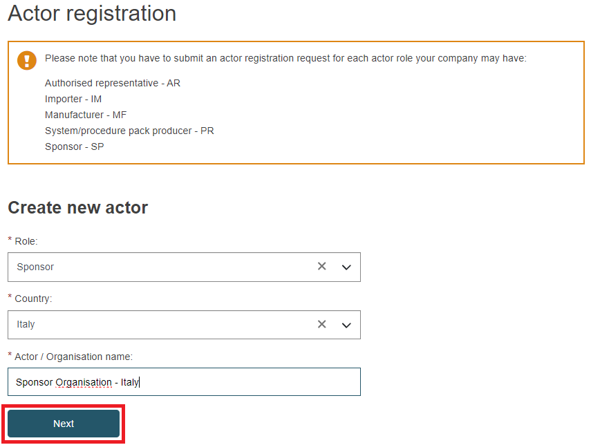 EUDAMED create new actor section when registering as a Sponsor
