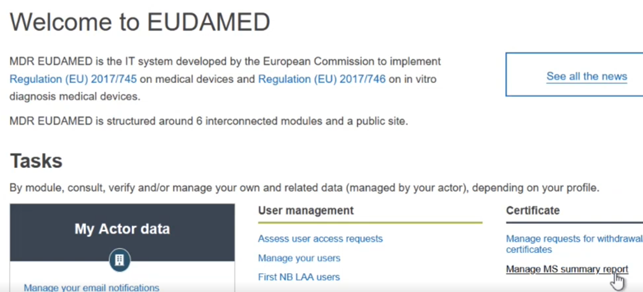 EUDAMED manage ms summary report link on the dashboard